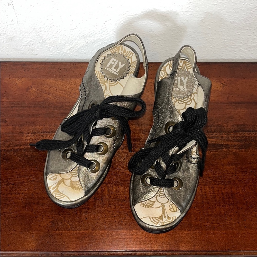 Fly London Yito Demani Lace-Up Wedge Sandals Bronze Metallic Size Eu 36 Us 6.5